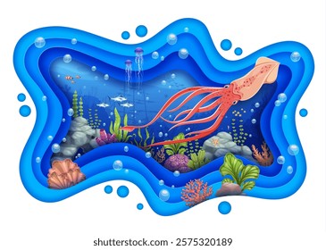 Paper cut underwater landscape with squid, fish shoal, seaweeds and corals. 3d vector frame with undersea world, cartoon tropical fishes and jellyfish, evokes a sense of serenity of marine life