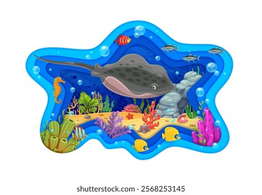 Paper cut underwater landscape with stingray and tropical fish cartoon characters. Funny ray, seahorse, starfish and seashell at coral reef bottom underwater landscape background in 3d paper cut frame