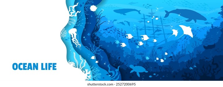 Paper cut underwater landscape with sunken ship and sea animal silhouettes, vector background. Sea or ocean undersea life with papercut whale, dolphin and turtle or stingray on sunken boat silhouette