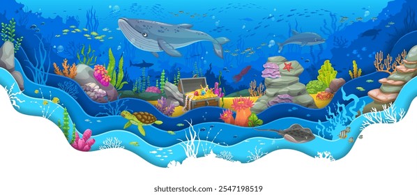 Papier schneiden Unterwasserlandschaft mit Schatztruhe und Wal. Cartoon Meerestiere und Fischschulen, Delfin, Meeresschildkröte und Tintenfisch auf Vektorhintergrund der Unterwasserlandschaft mit 3D-Papierschnitt Grenze