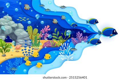 Paper cut underwater landscape with tropical fish shoal. 3d vector cartoon wavy frame with bright seaweeds and corals on the bottom. Mesmerizing scene with colorful marine life beneath ocean surface