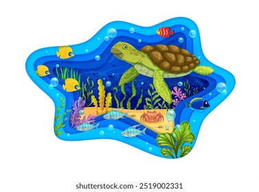 Paisaje submarino cortado en papel con tortugas rodeadas de peces vibrantes, corales, algas marinas y un cangrejo juguetón. El océano del Vector de la historieta, vida marina, escena acuática es enmarcado por un borde azul ondulado del papercut 3D