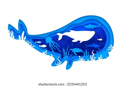 Paper cut underwater landscape with whale silhouette and sea animals, fish, jellyfish and a turtle. 3d vector papercut frame in shape of sperm whale with tropical aquatic vegetation and marine life