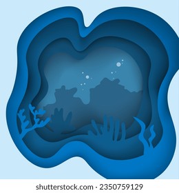 Paper cut underwater ocean cave with fishes, coral reef, seabed in algae, waves. Diving concept, deep blue marine life. Vector sea wildlife. Decorative design in abstract style with undersea scene
