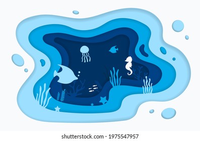 Paper cut underwater sea cave with fishes, jellyfish, seahorse, seaweed, starfish in algae, waves. World Oceans Day 8 June. Diving concept, Paper cut deep style vector.