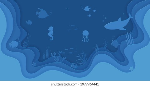 Paper cut underwater sea cave with fishes, jellyfish, seahorse, seaweed, starfish in algae, waves. World Oceans Day 8 June. Diving concept, Paper cut deep style vector.