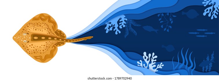 Papier geschnitten unter Wasser Welt Vektorgrafik. Stingray-Papier-Silhouette und hinter ihm mit Blick auf die Tiefen des Meeres. Fisch, Wellen, Flüssigkeit, Korallenriffe. Blau- und Orangenfarben.