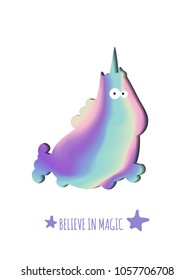 Paper cut Unicorn cute illustration with golography effect - card and shirt design, vector