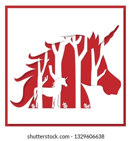 Paper cut unicorn greeting card  in the forest