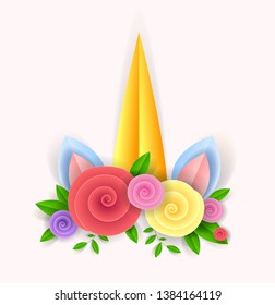 Paper cut Unicorn horn with paper flowers on light pink background. Graphic source for print, poster, cart, t-shirt, stiker design.