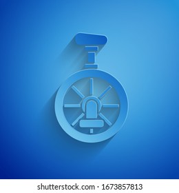 Paper cut Unicycle or one wheel bicycle icon isolated on blue background. Monowheel bicycle. Paper art style. Vector Illustration