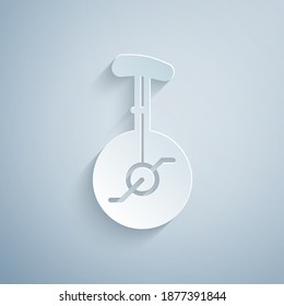Paper cut Unicycle or one wheel bicycle icon isolated on grey background. Monowheel bicycle. Paper art style. Vector.