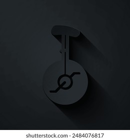 Paper cut Unicycle or one wheel bicycle icon isolated on black background. Monowheel bicycle. Paper art style. Vector