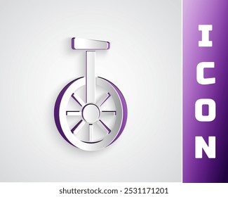 Paper cut Unicycle or one wheel bicycle icon isolated on grey background. Monowheel bicycle. Paper art style. Vector