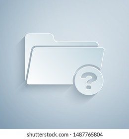 Paper cut Unknown directory icon isolated on grey background. Magnifying glass and folder. Paper art style. Vector Illustration