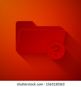 Paper cut Unknown directory icon isolated on red background. Magnifying glass and folder. Paper art style. Vector Illustration