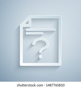 Paper cut Unknown document icon isolated on grey background. File with Question mark. Hold report, service and global search sign. Paper art style. Vector Illustration