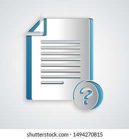Paper cut Unknown document icon isolated on grey background. File with Question mark. Hold report, service and global search sign. Paper art style. Vector Illustration
