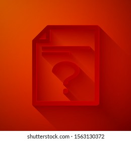 Paper cut Unknown document icon isolated on red background. File with Question mark. Hold report, service and global search sign. Paper art style. Vector Illustration