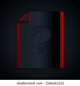 Paper cut Unknown document icon isolated on black background. File with Question mark. Hold report, service and global search sign. Paper art style. Vector Illustration