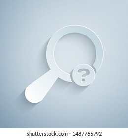 Paper cut Unknown search icon isolated on grey background. Magnifying glass and question mark. Paper art style. Vector Illustration