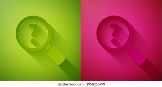 Paper cut Unknown search icon isolated on green and pink background. Magnifying glass and question mark. Paper art style. Vector Illustration