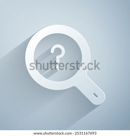 Paper cut Unknown search icon isolated on grey background. Magnifying glass and question mark. Paper art style. Vector