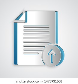 Paper cut Upload file icon isolated on grey background. File document symbol. Document arrow. Paper art style. Vector Illustration
