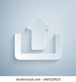 Paper cut Upload icon isolated on grey background. Up arrow. Paper art style. Vector Illustration