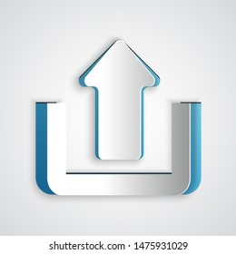 Paper cut Upload icon isolated on grey background. Up arrow. Paper art style. Vector Illustration