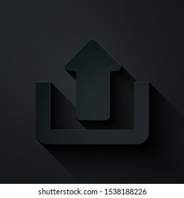Paper cut Upload icon isolated on black background. Up arrow. Paper art style. Vector Illustration