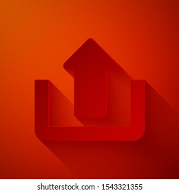 Paper cut Upload icon isolated on red background. Up arrow. Paper art style. Vector Illustration