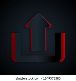 Paper cut Upload icon isolated on black background. Up arrow. Paper art style. Vector Illustration