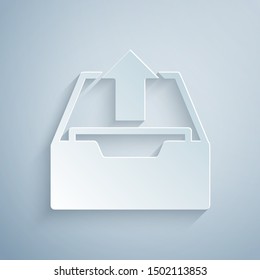 Paper cut Upload inbox icon isolated on grey background. Extract files from archive. Paper art style. Vector Illustration