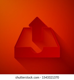 Paper cut Upload inbox icon isolated on red background. Paper art style. Vector Illustration