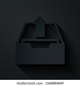 Paper cut Upload inbox icon isolated on black background. Extract files from archive. Paper art style. Vector Illustration