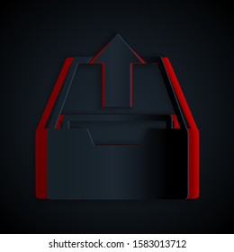 Paper cut Upload inbox icon isolated on black background. Extract files from archive. Paper art style. Vector Illustration