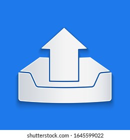 Paper cut Upload inbox icon isolated on blue background. Paper art style. Vector Illustration