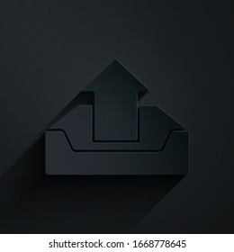 Paper cut Upload inbox icon isolated on black background. Paper art style. Vector Illustration