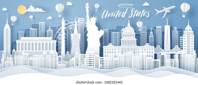 Paper cut of USA landmark, travel and tourism concept. eps 10 vector.