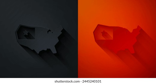 Paper cut USA map icon isolated on black and red background. Map of the United States of America. Paper art style. Vector