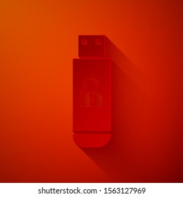 Paper cut USB flash drive with closed padlock icon isolated on red background. Security, safety, protection concept. Paper art style. Vector Illustration