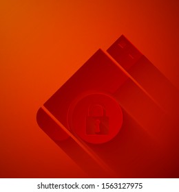Paper cut USB flash drive with closed padlock icon isolated on red background. Security, safety, protection concept. Paper art style. Vector Illustration