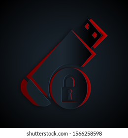 Paper cut USB flash drive with closed padlock icon isolated on black background. Security, safety, protection concept. Paper art style. Vector Illustration