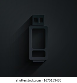 Icono de unidad flash USB cortada en papel aislado en fondo negro. Estilo de arte de papel.  Ilustración vectorial