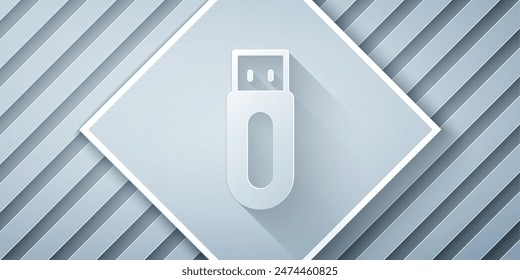Icono de la unidad flash USB de corte de papel aislado sobre fondo gris. Estilo de arte de papel. Vector