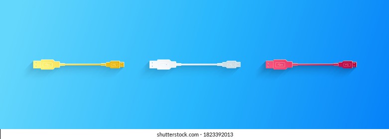 Paper cut USB Micro cables icon isolated on blue background. Connectors and sockets for PC and mobile devices. Smartphone recharge supply. Paper art style. Vector.