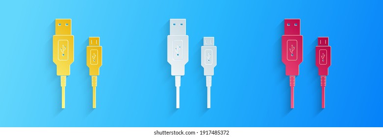 Das Papier schneidet USB-Micro-Kabel Symbol einzeln auf blauem Hintergrund. Anschlüsse und Steckdosen für PC und mobile Geräte. Ladegerät für Smartphones. Kunststil aus Papier. Vektorgrafik.