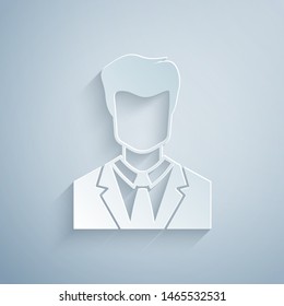 Paper cut User of man in business suit icon isolated on grey background. Business avatar symbol - user profile icon. Male user sign. Paper art style. Vector Illustration