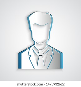 Paper cut User of man in business suit icon isolated on grey background. Business avatar symbol - user profile icon. Male user sign. Paper art style. Vector Illustration